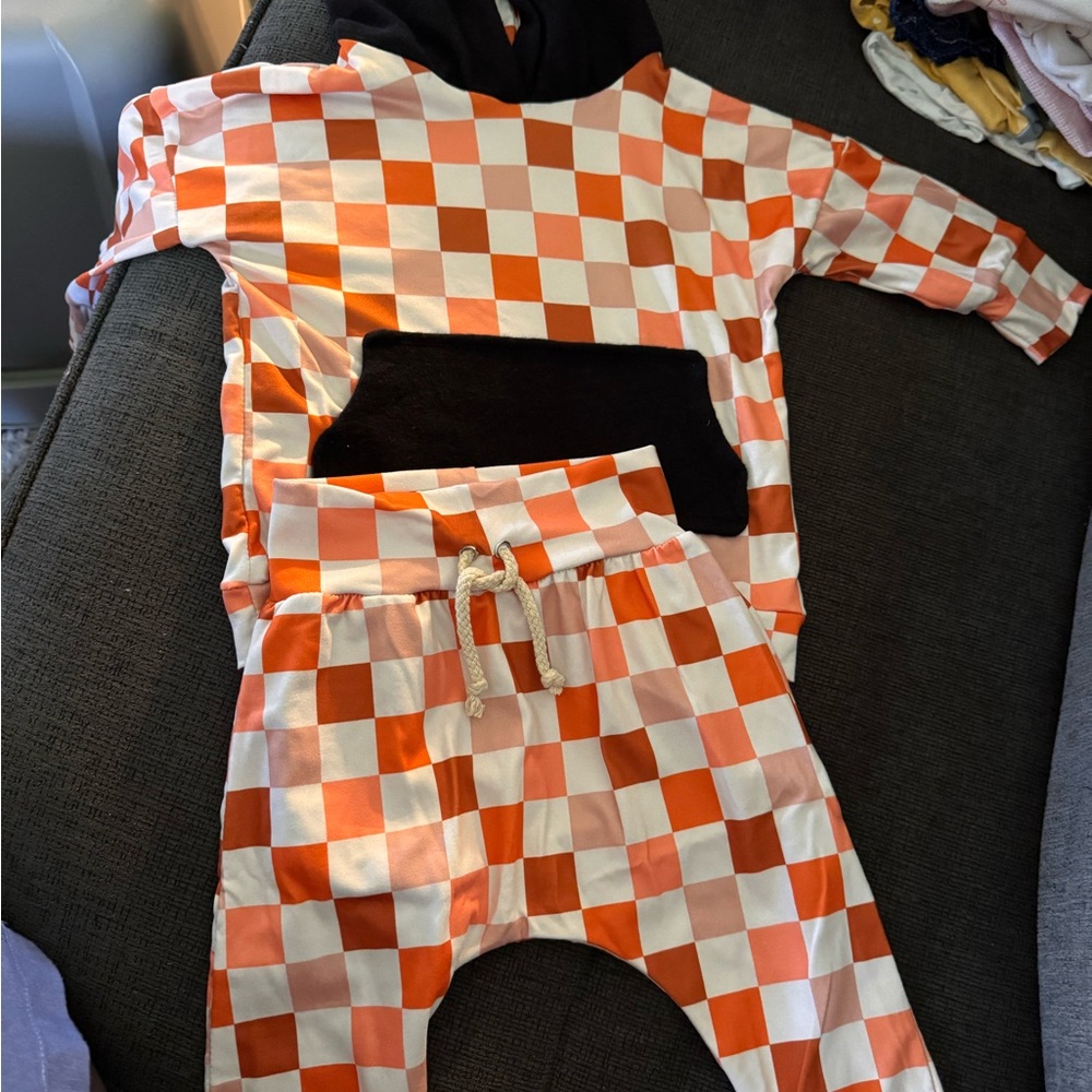 Orange and White Checkered Hoodie and Pants Set
